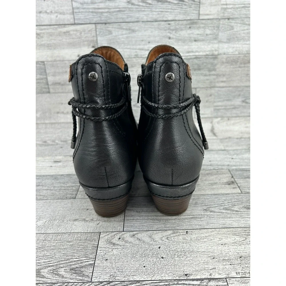 Pikolinos‎ Black Leather Ankle Boots Braided Cord Detail Women Sz EU 39 US 8.5